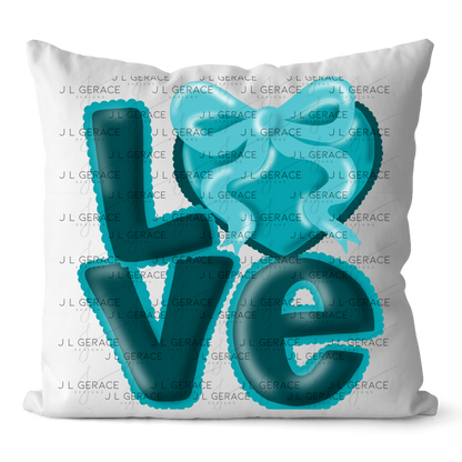 Teal Love Bubble Letter PNG with Bow Accent Scalloped Trim Design