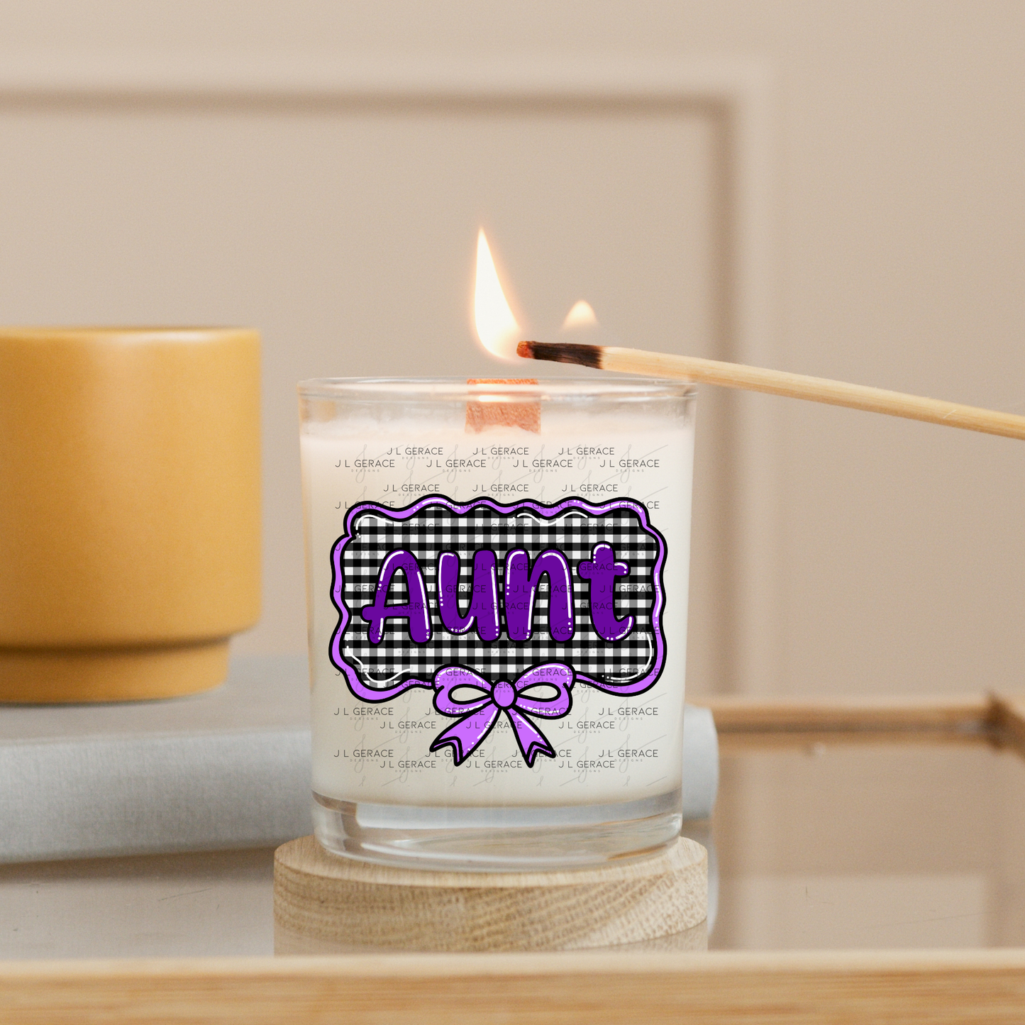 Aunt PNG – Purple Glossy Lettering with Gingham Background & Bow