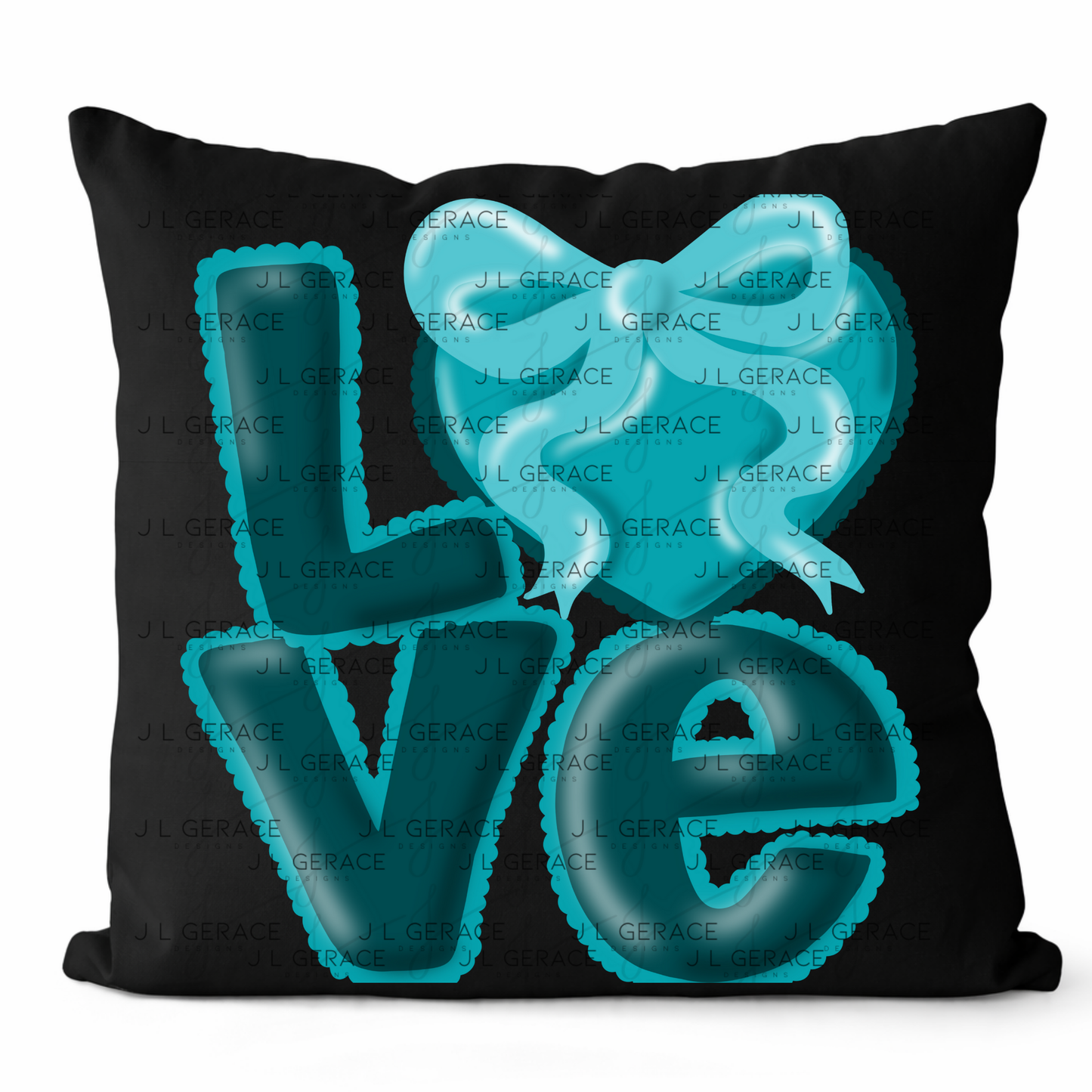 Teal Love Bubble Letter PNG with Bow Accent Scalloped Trim Design