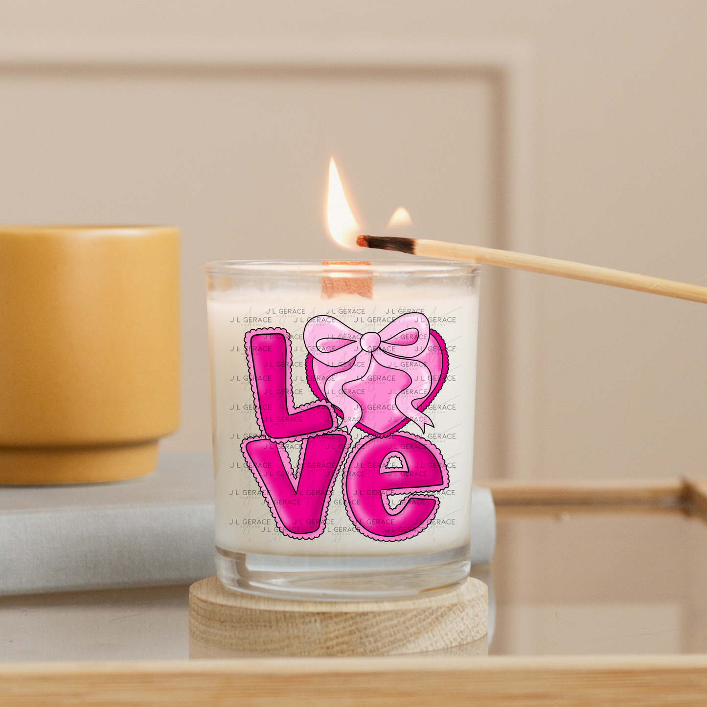 Love Pink Heart Bow PNG Valentine Word Art Design with outline
