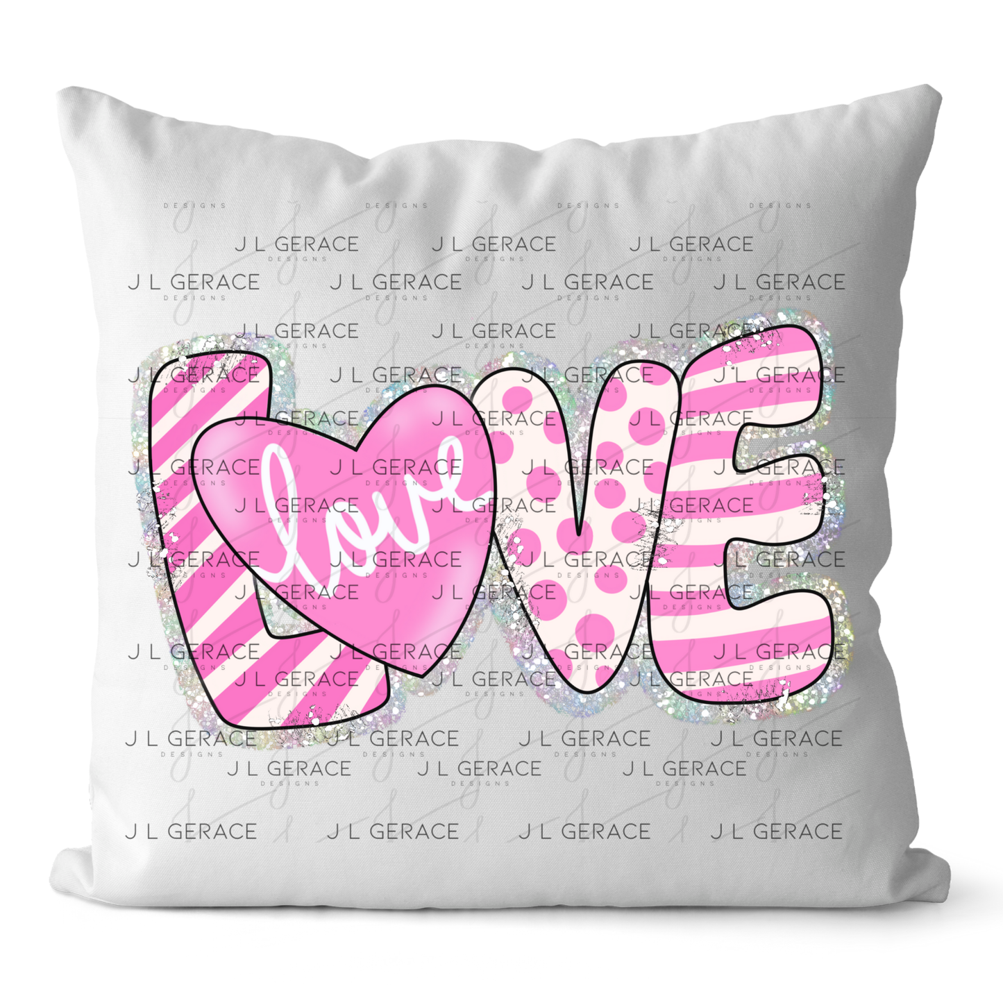Glitter Outline Love Word PNG with Heart – Pink Mixed Pattern Design