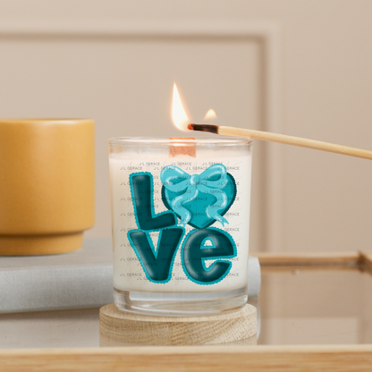 Teal Love Bubble Letter PNG with Bow Accent Scalloped Trim Design