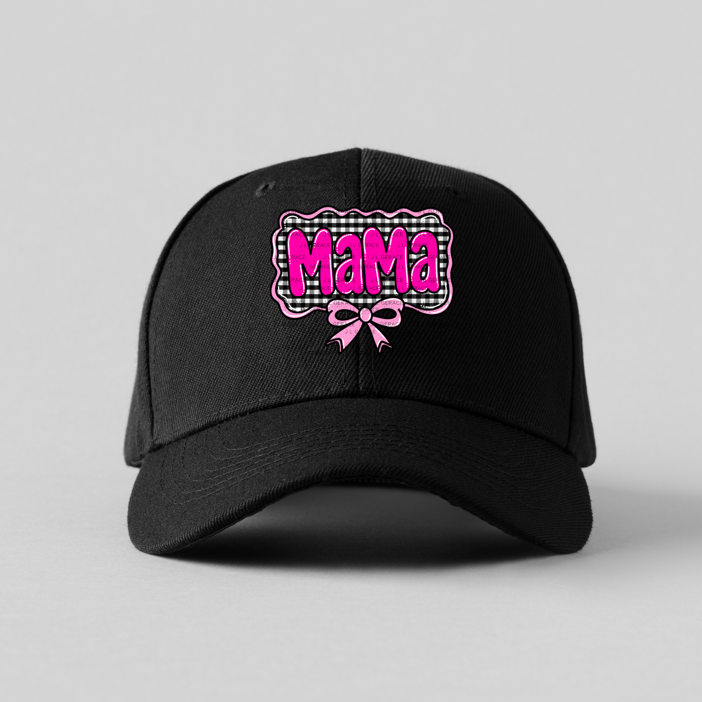 Mama PNG – Hot Pink Glossy Lettering with Gingham Background & Bow