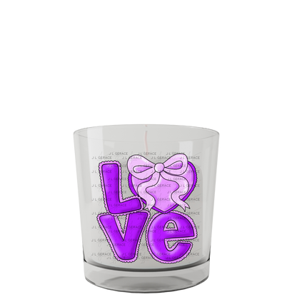 Purple Love Bubble Letter PNG with Bow Accent Black Outline Design