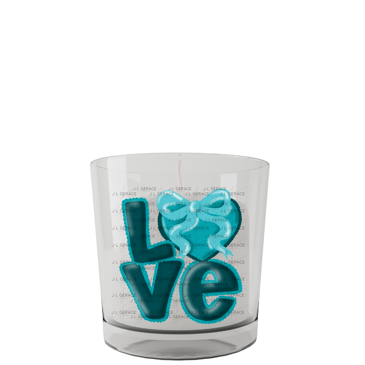 Teal Love Bubble Letter PNG with Bow Accent Scalloped Trim Design