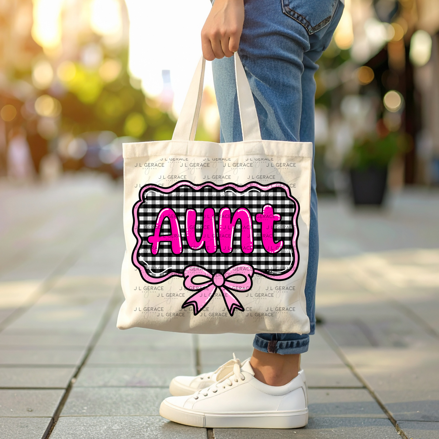 Aunt PNG – Pink Glossy Lettering with Gingham Background & Bow