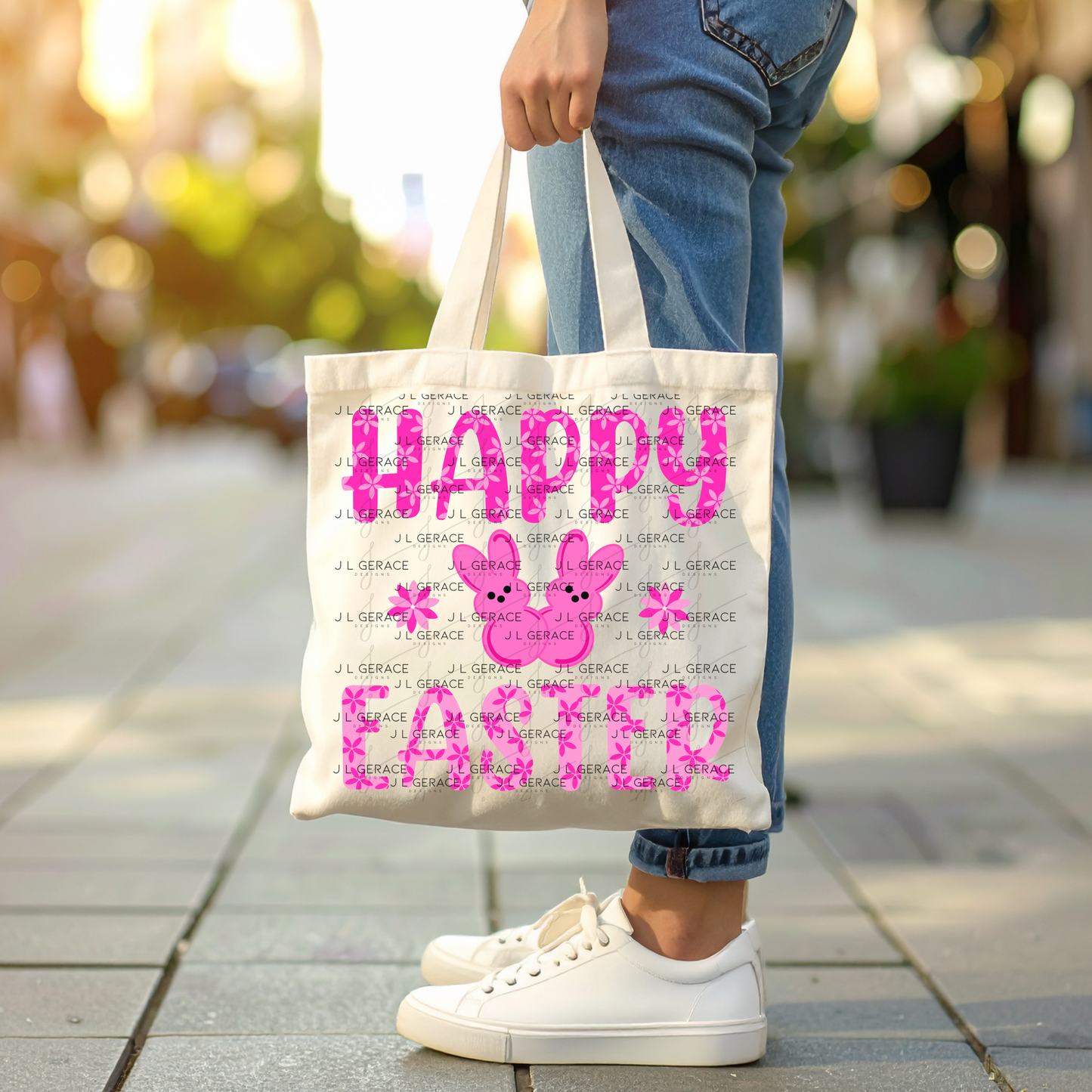 Happy Easter Pink Bunny Peep Flowers Clipart Sublimation PNG