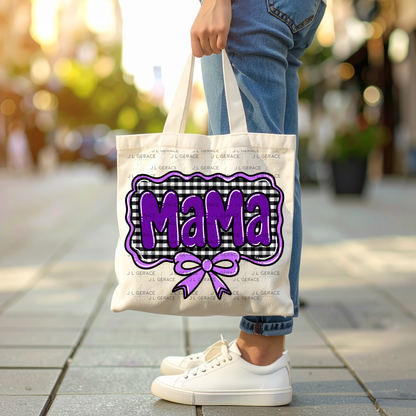 Mama PNG – Purple Glossy Lettering with Gingham Background & Bow