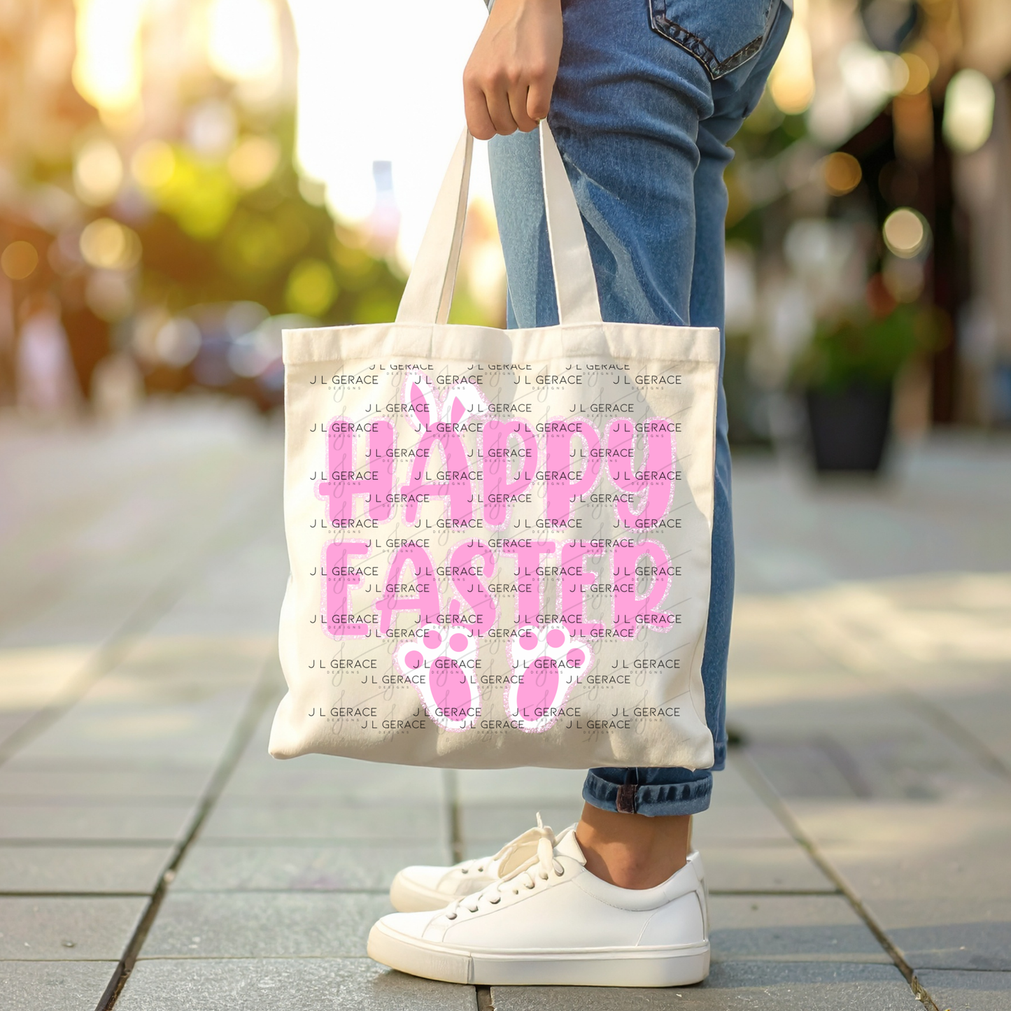 Happy Easter Bunny Ears and Feet Pink Glitter PNG Easter Clipart Sublimation PNG