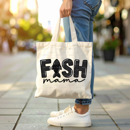 Fish Mama PNG – Black Glossy “FISH Mama” Design with Fish Silhouette Letter