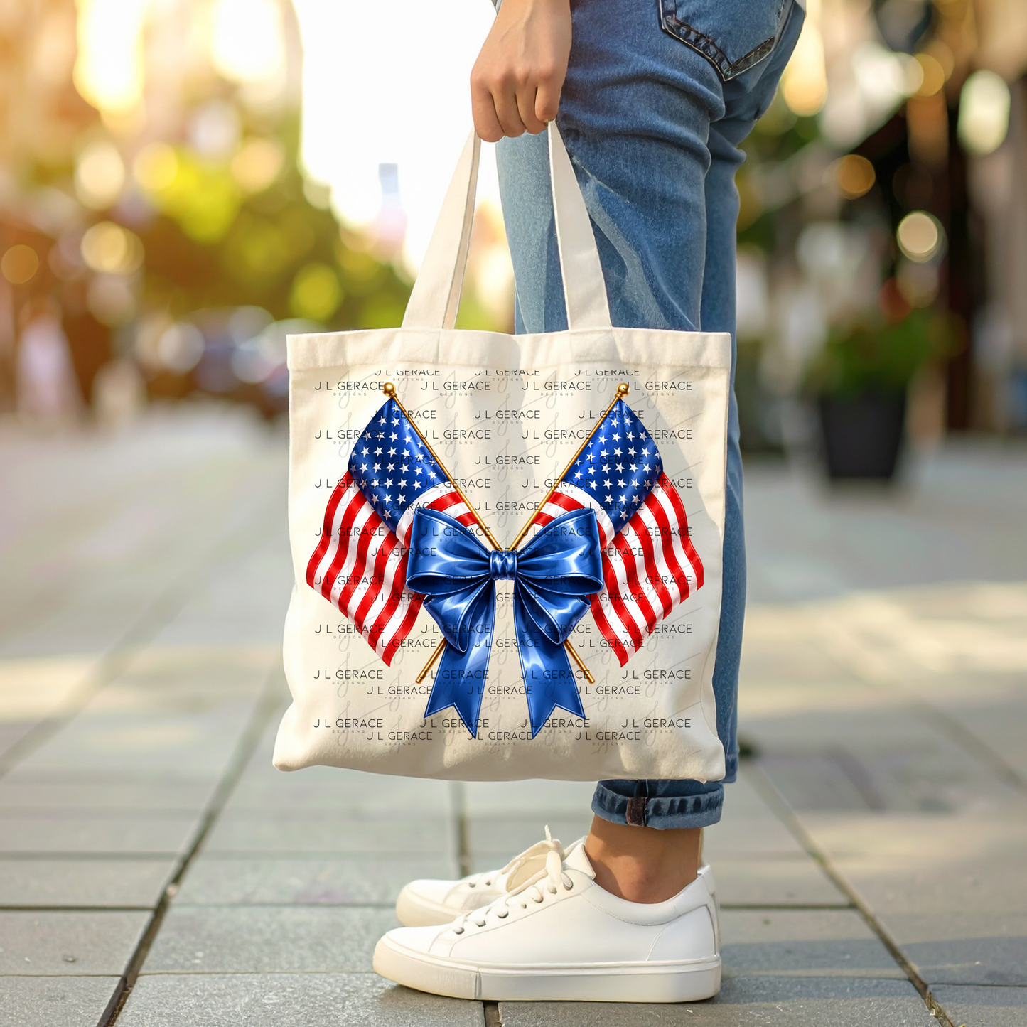 Patriotic Crossed Flags Blue Bow PNG Design Digital Download