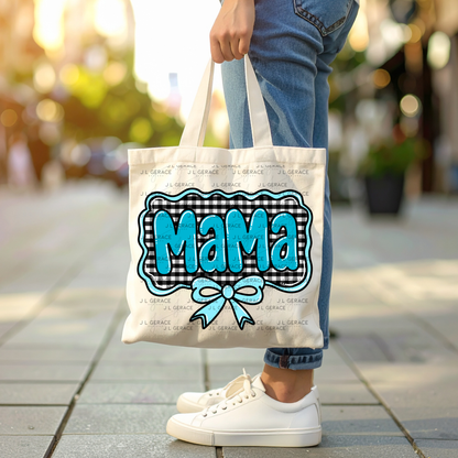 Mama PNG – Teal Glossy Lettering with Gingham Background & Bow