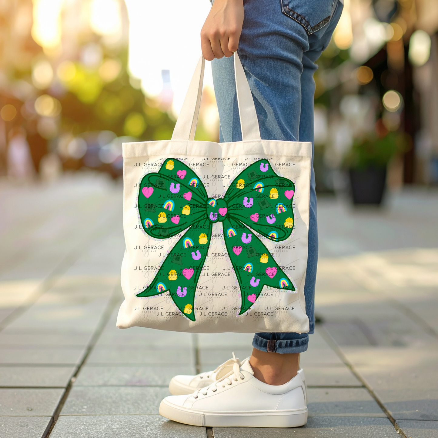 St Patrick Lucky Bow PNG, Rainbow Shamrock Glitter Bow Design, Sublimation PNG Download