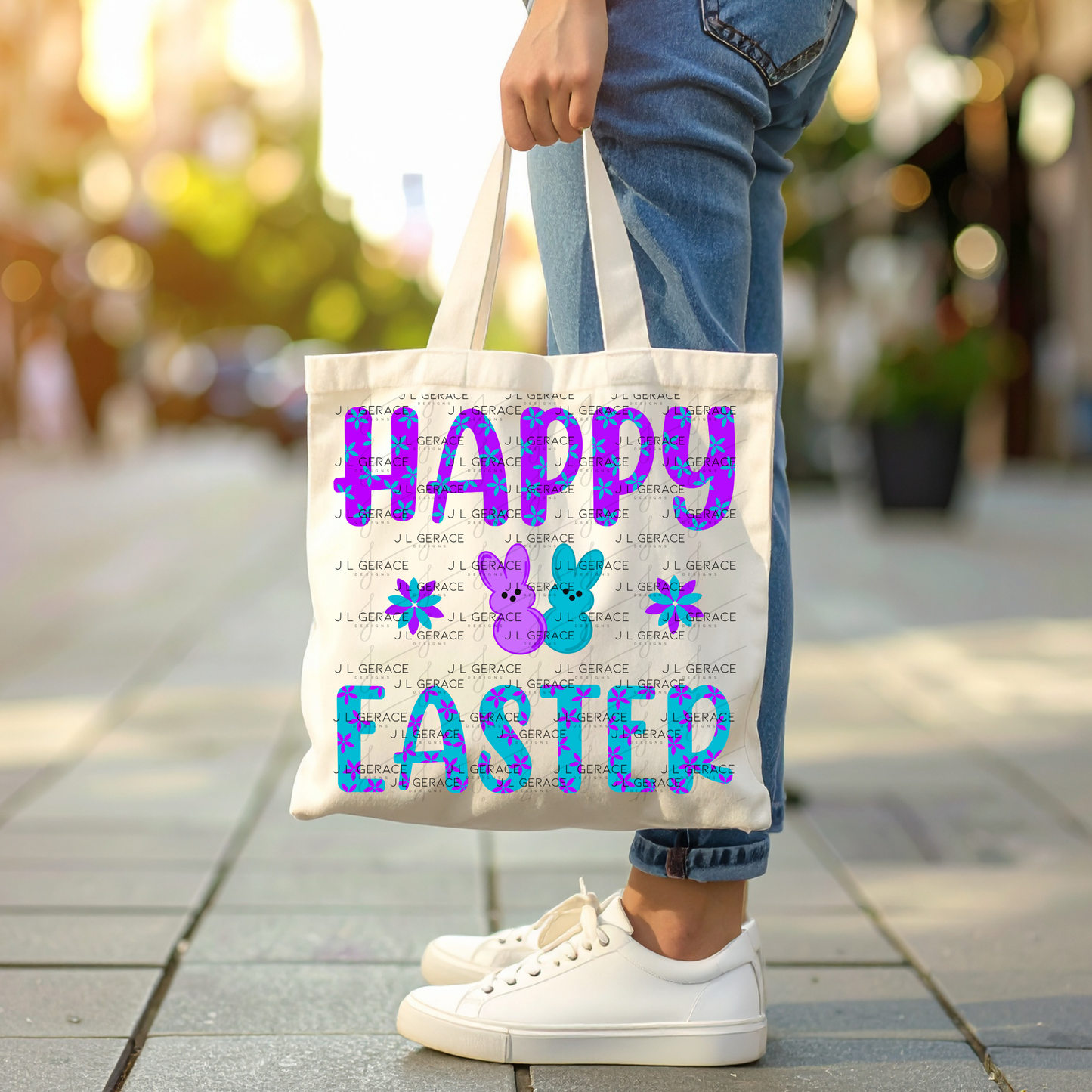 Happy Easter PNG Purple Teal Bunny Peeps Flower Pattern Easter Clipart