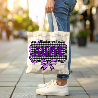 Aunt PNG – Purple Glossy Lettering with Gingham Background & Bow