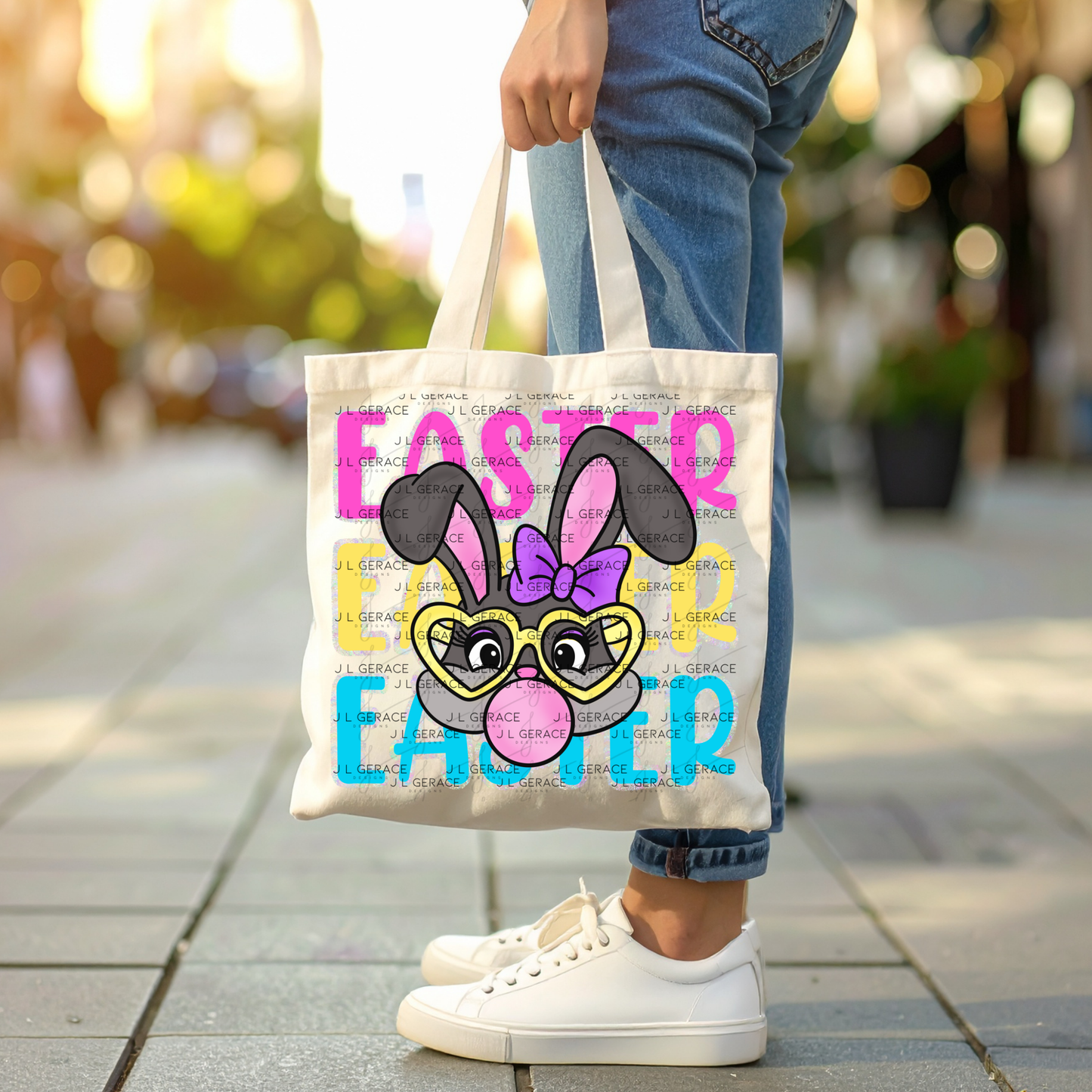 EASTER EASTER EASTER Bunny with Glasses Pink - Yellow - Blue - Chunky Glitter Outline PNG
