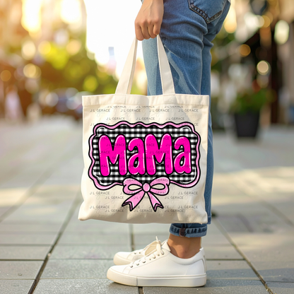 Mama PNG – Hot Pink Glossy Lettering with Gingham Background & Bow