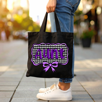 Aunt PNG – Purple Glossy Lettering with Gingham Background & Bow