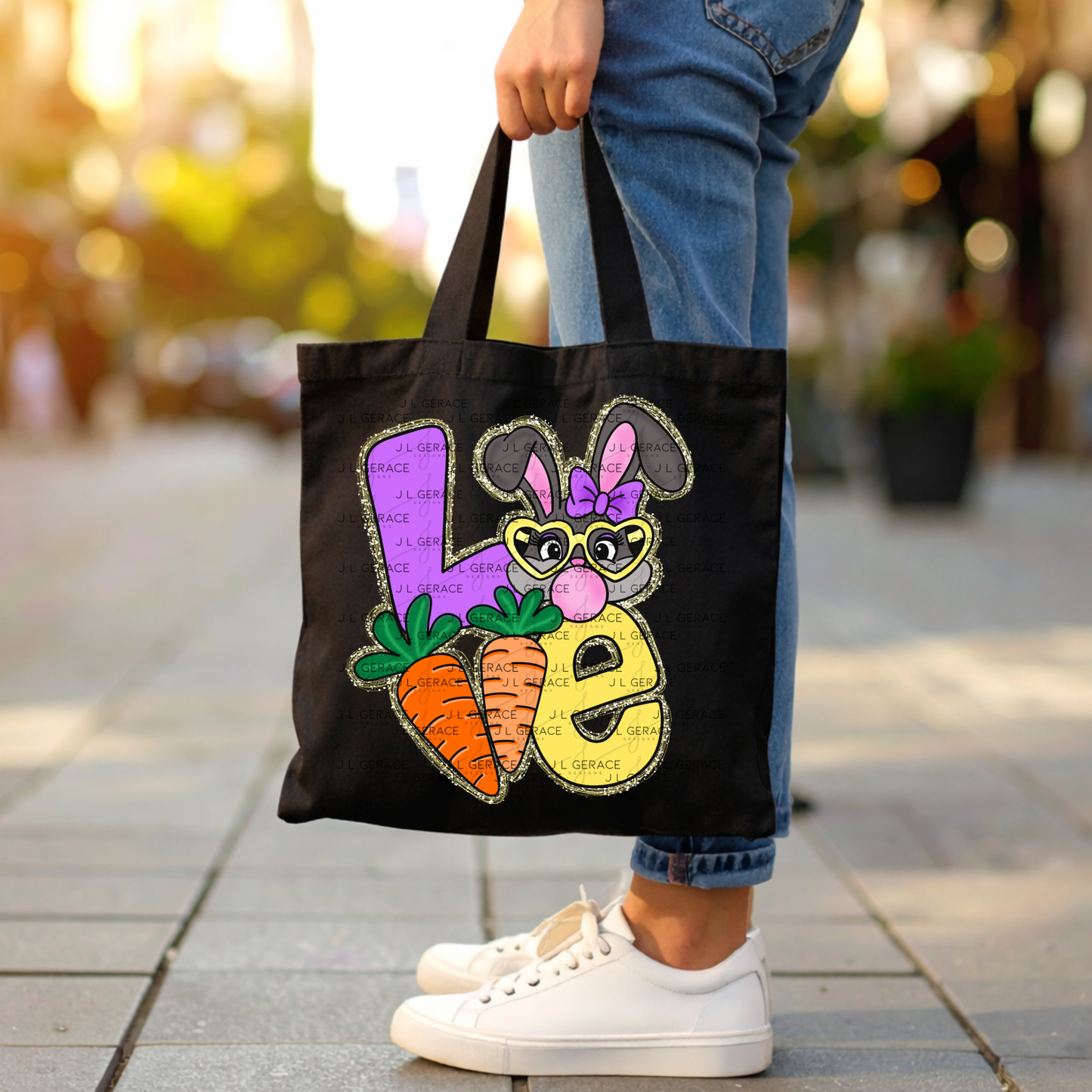 LOVE Easter Bunny with Carrots - Gold String Glitter PNG