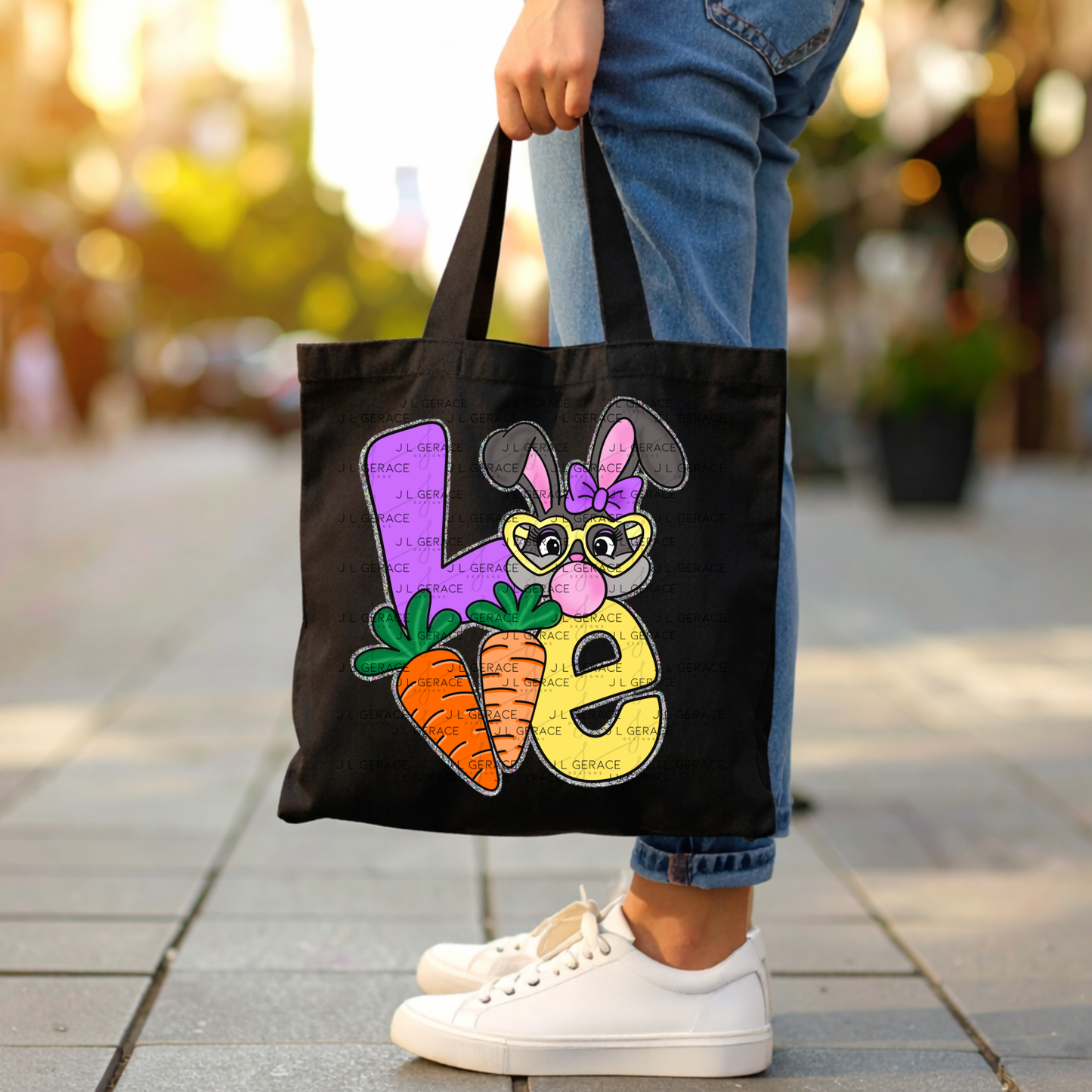 LOVE Easter Bunny with Carrots - Chunky Glitter Outline PNG