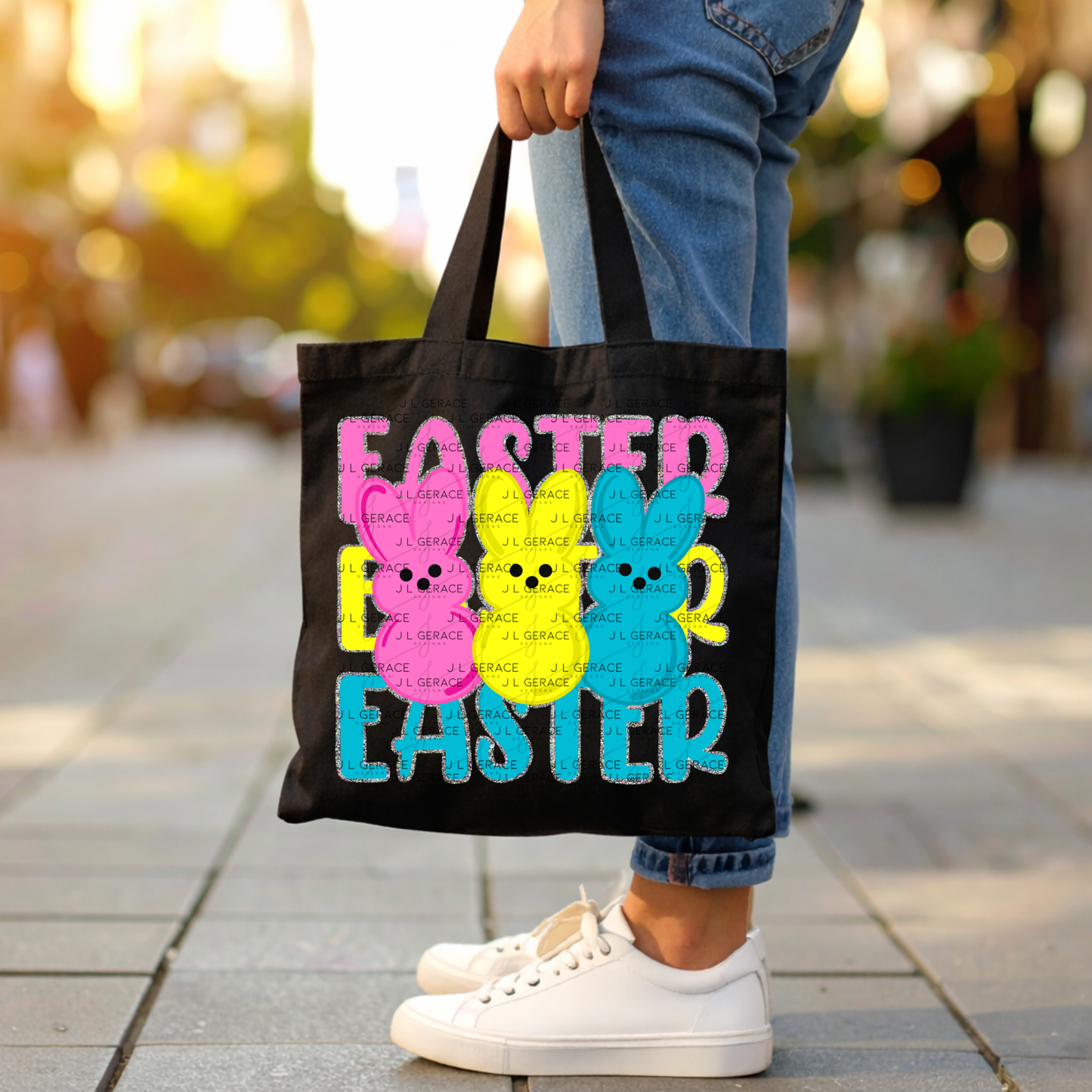 EASTER EASTER EASTER Bunnies Pink - Yellow - Blue Chunky Glitter Outline PNG