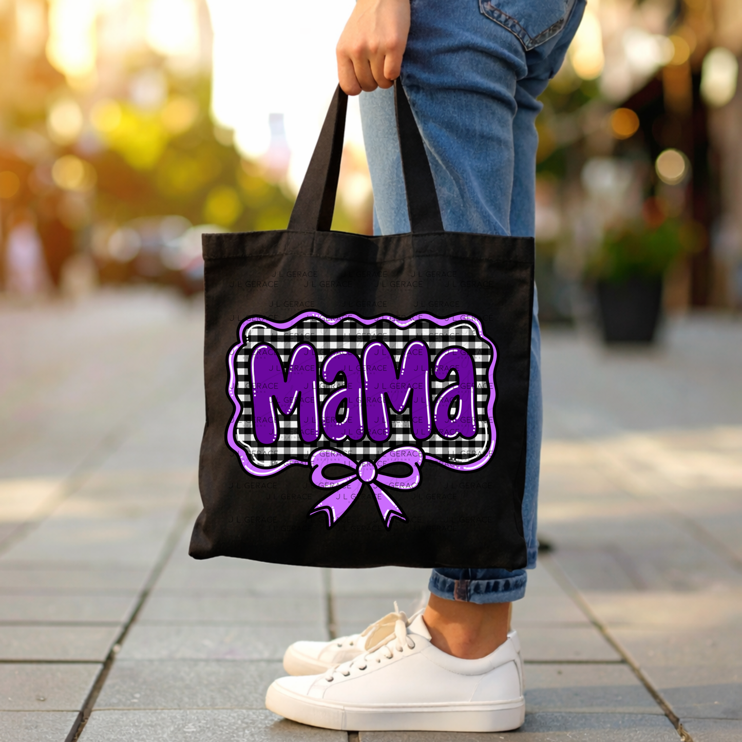 Mama PNG – Purple Glossy Lettering with Gingham Background & Bow