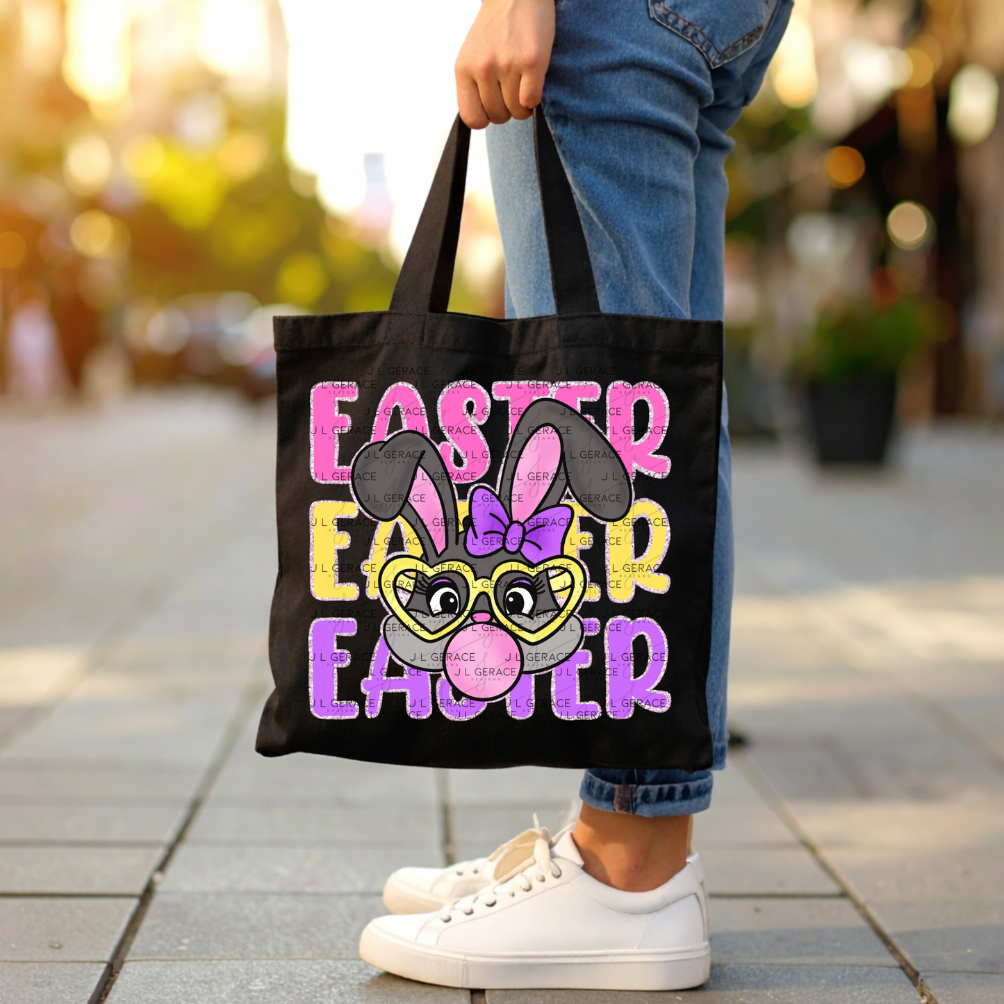 EASTER EASTER EASTER Bunny with Glasses Pink - Yellow - Purple Chunky Glitter Outline PNG