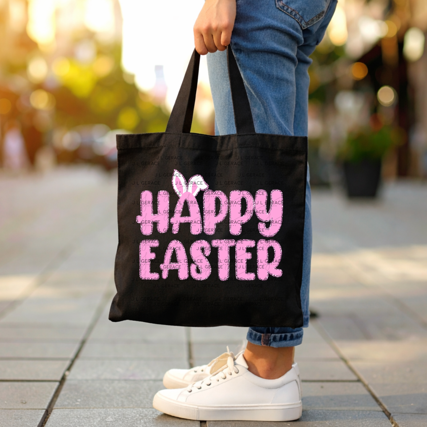 Happy Easter Bunny Ears Pink Chunky Glitter Outline PNG