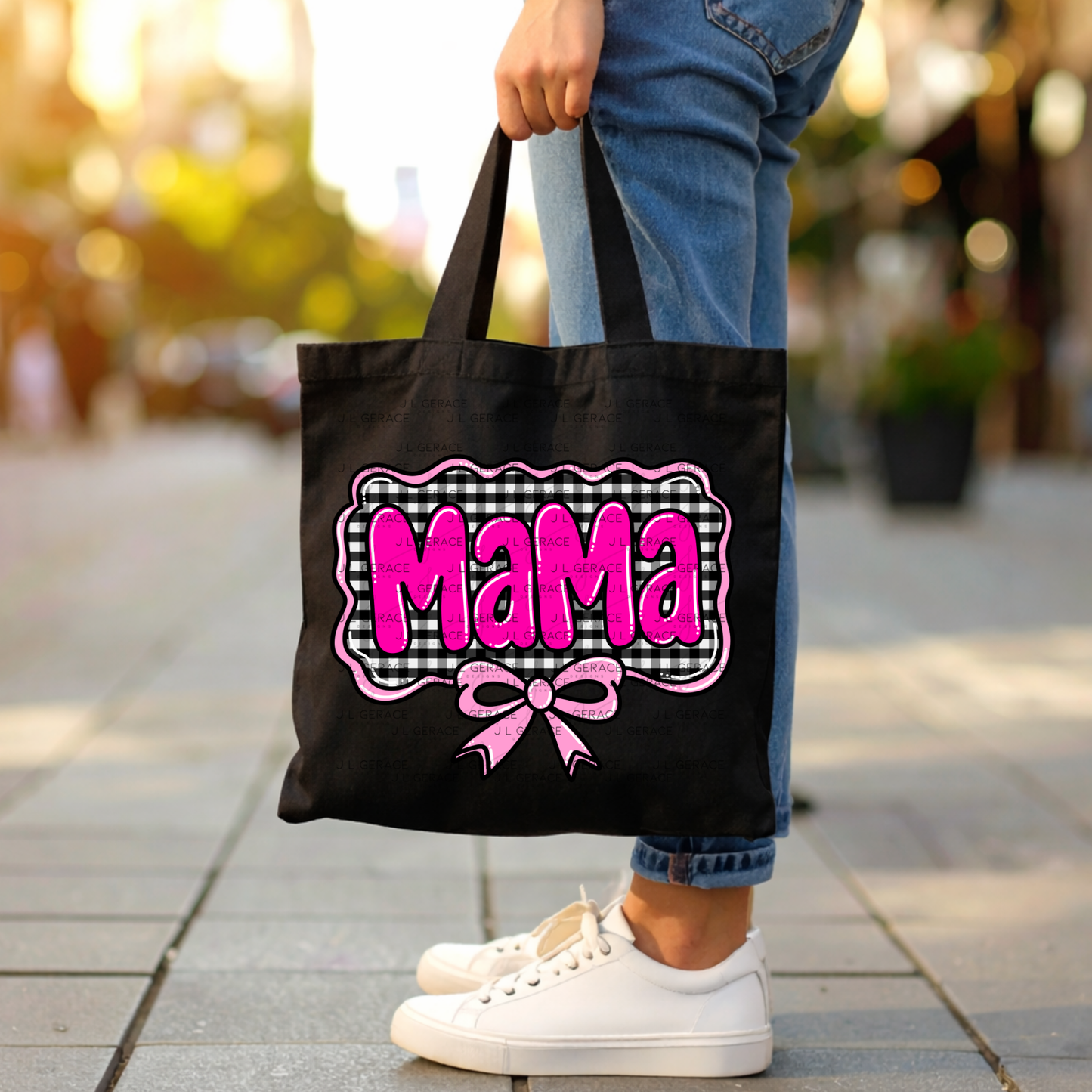 Mama PNG – Hot Pink Glossy Lettering with Gingham Background & Bow