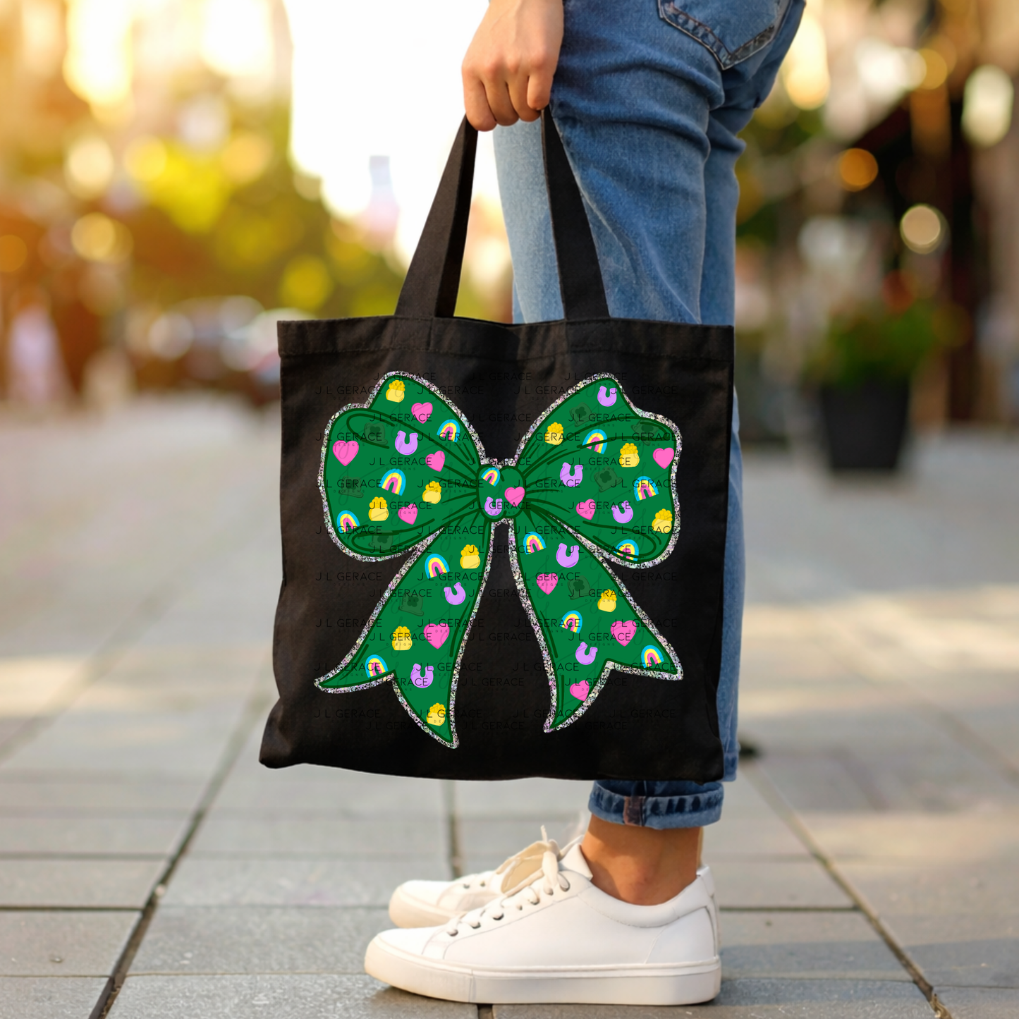 St Patrick Lucky Bow PNG, Rainbow Shamrock Glitter Bow Design, Sublimation PNG Download