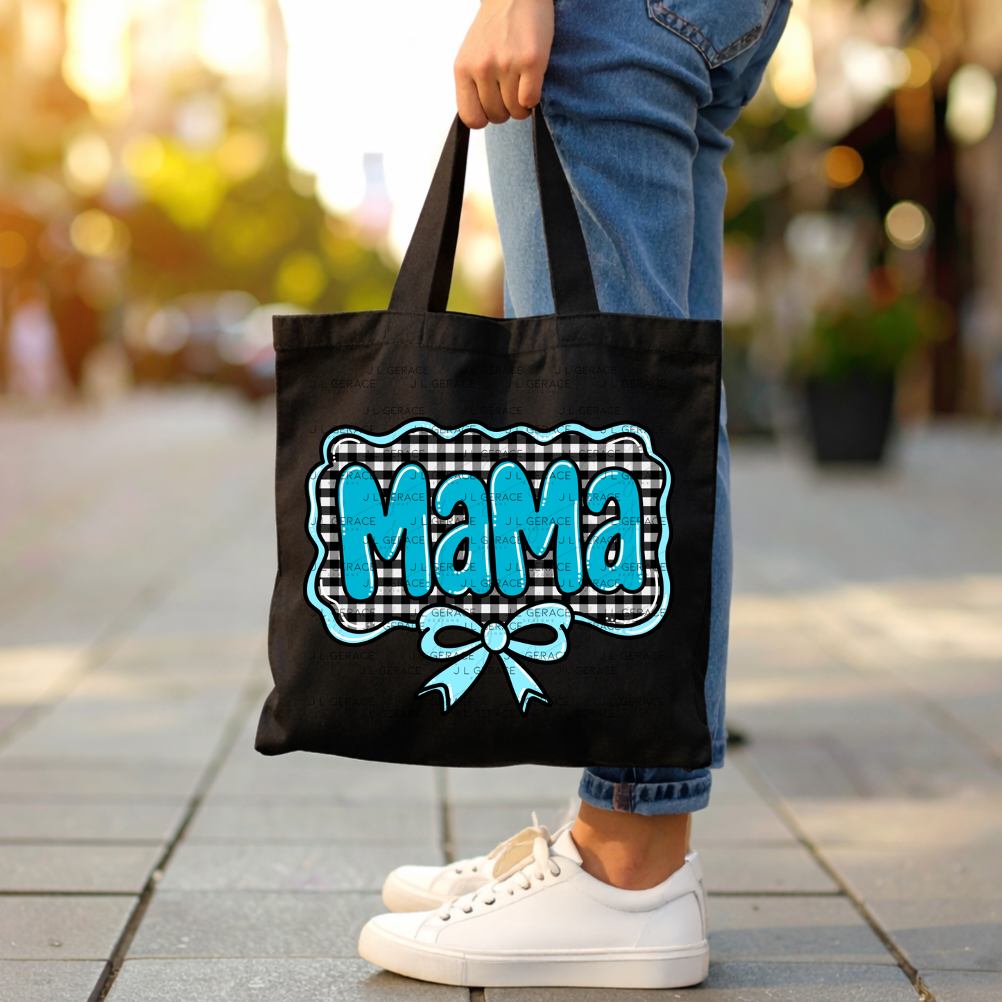 Mama PNG – Teal Glossy Lettering with Gingham Background & Bow