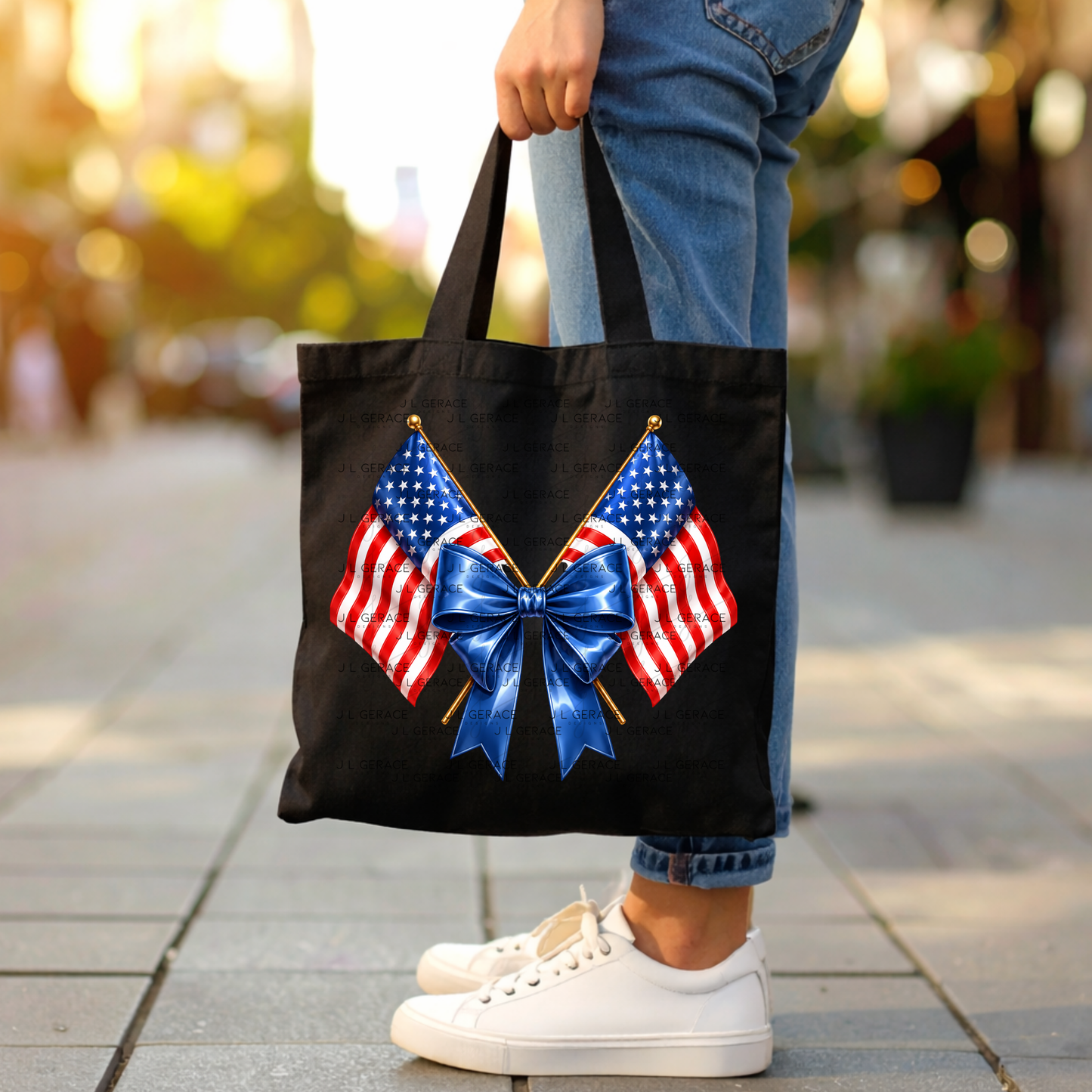 Patriotic Crossed Flags Blue Bow PNG Design Digital Download