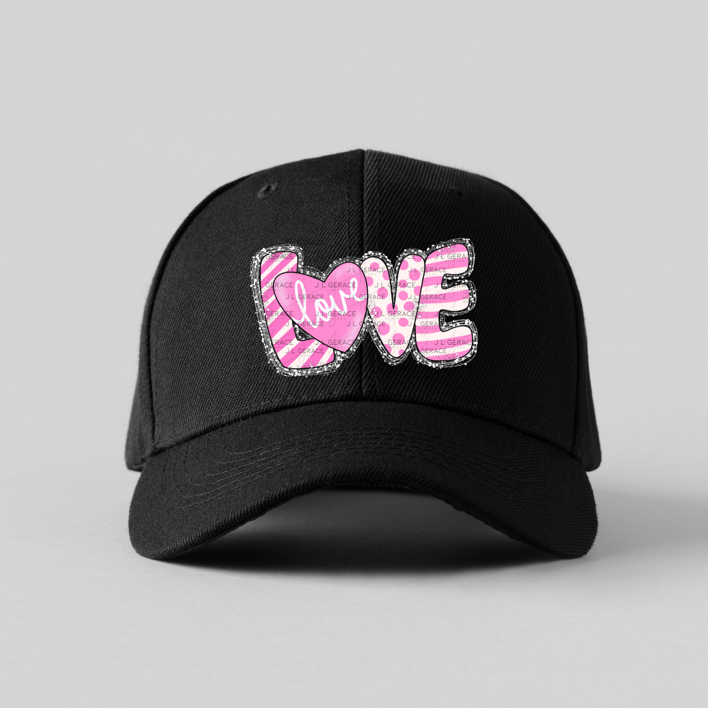 Pink Love Word PNG with Heart – Polka Dot and Stripe Mixed Pattern Design