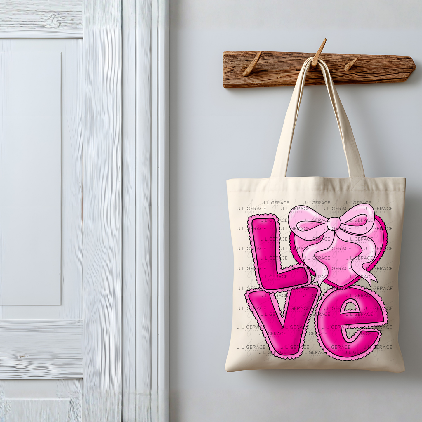Love Pink Heart Bow PNG Valentine Word Art Design with outline