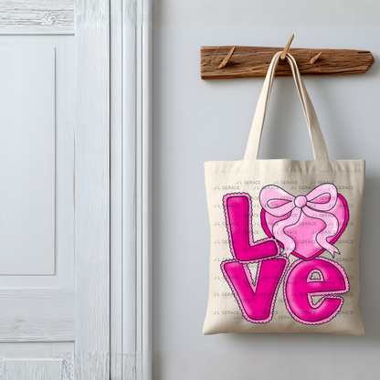 Love Pink Heart Bow PNG Valentine Word Art Design with outline