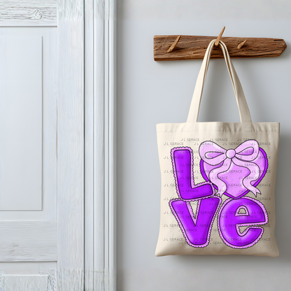 Purple Love Bubble Letter PNG with Bow Accent Black Outline Design