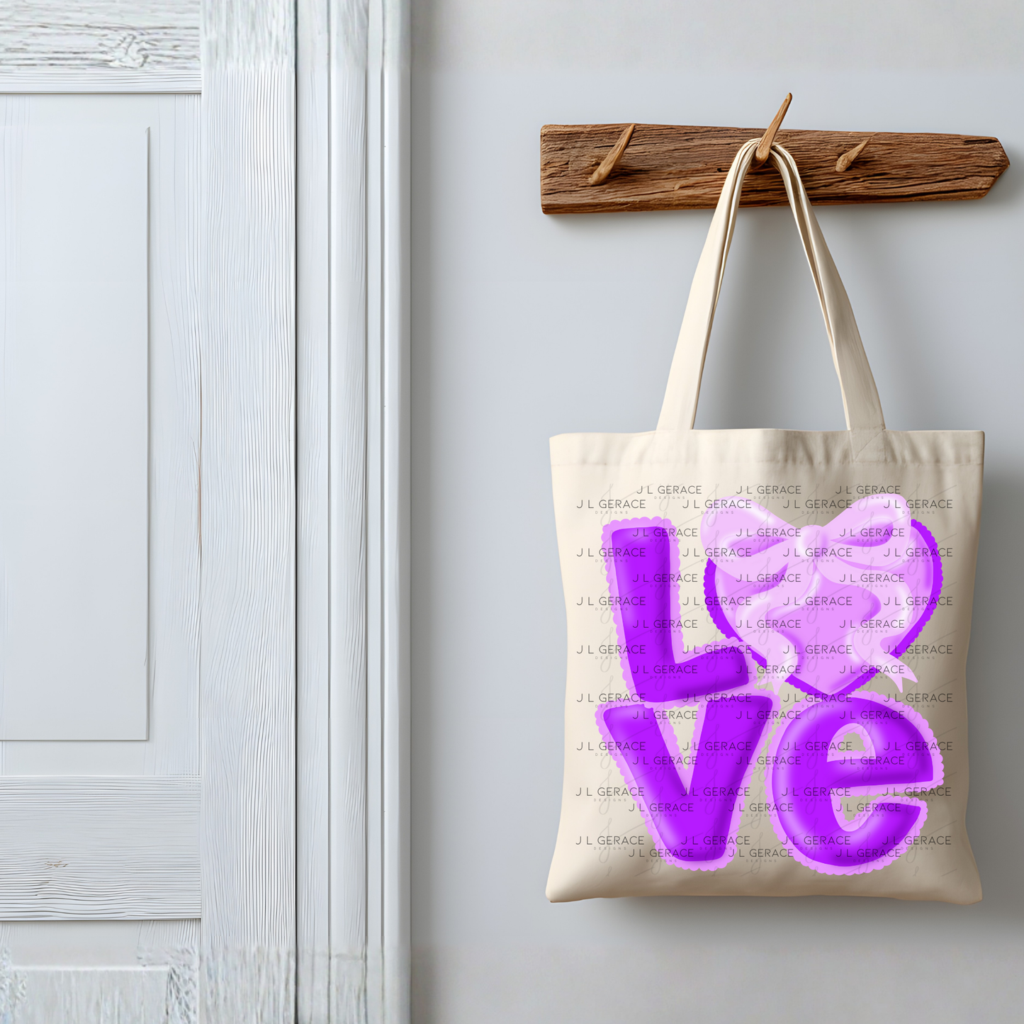 Purple Love Bubble Letter PNG with Heart Bow Design Scalloped Trim