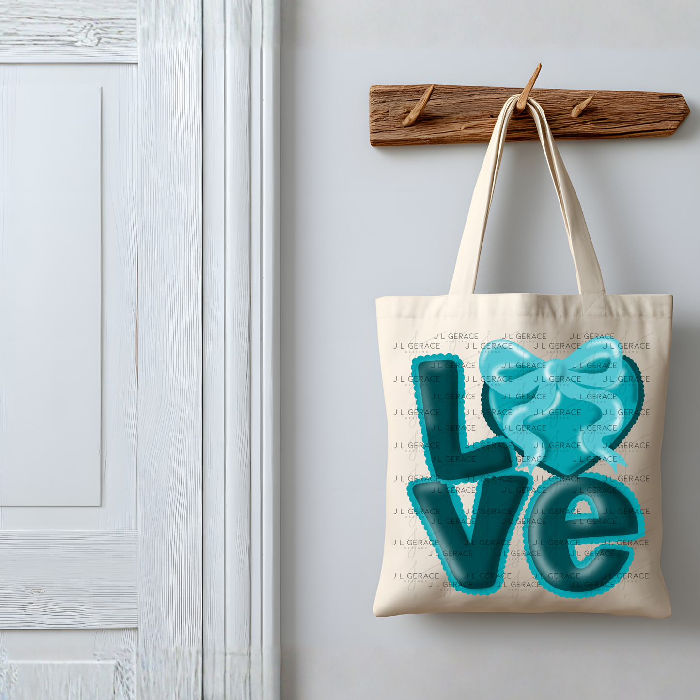 Teal Love Bubble Letter PNG with Bow Accent Scalloped Trim Design