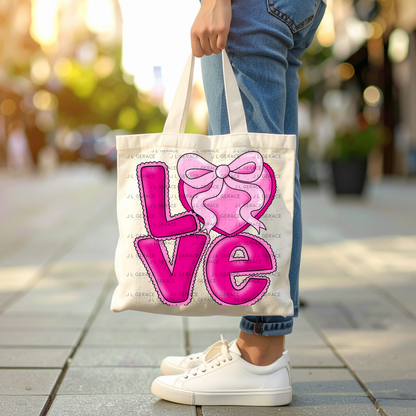 Love Pink Heart Bow PNG Valentine Word Art Design with outline