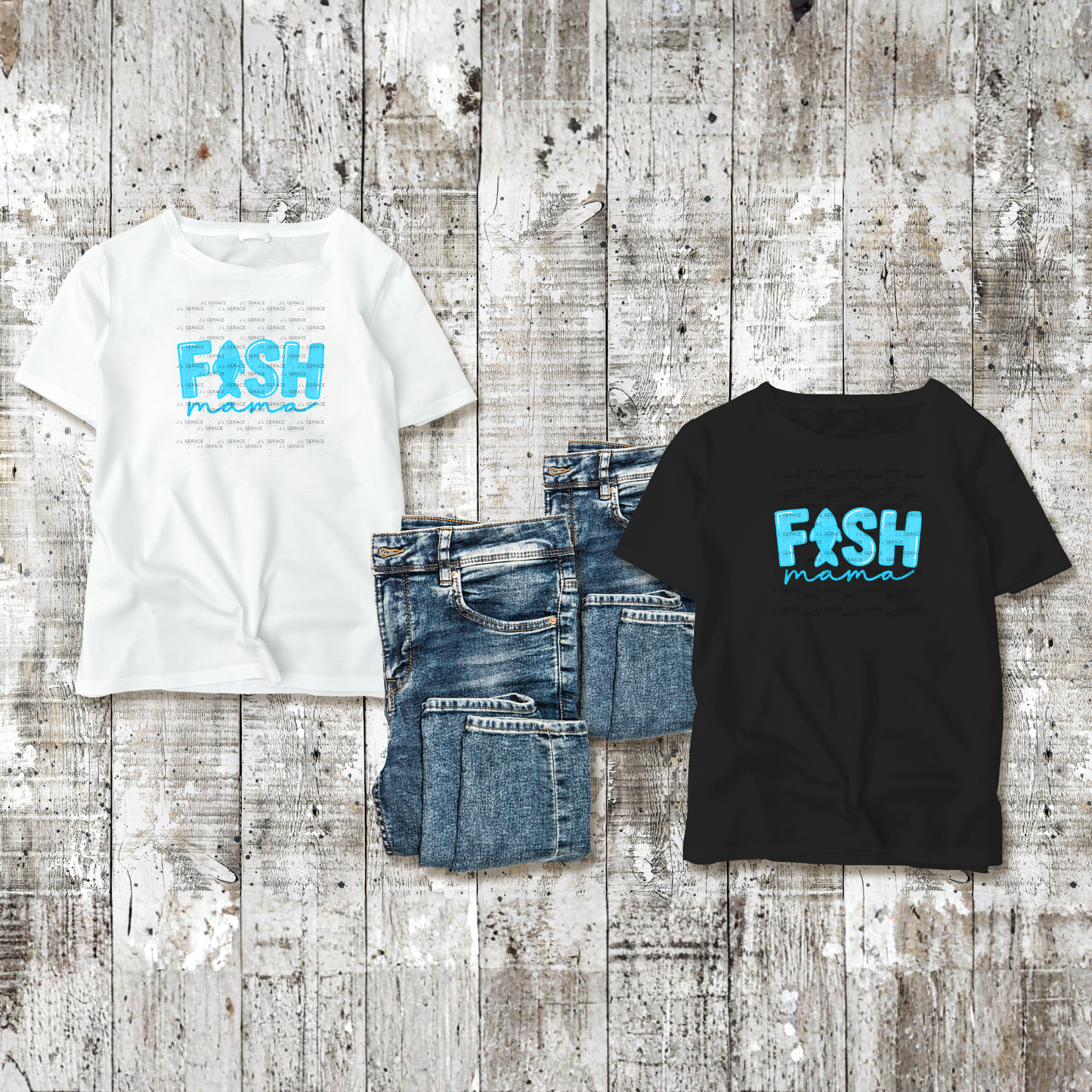 Fish Mama PNG – Blue Fishing Design with Fish Silhouette Letter
