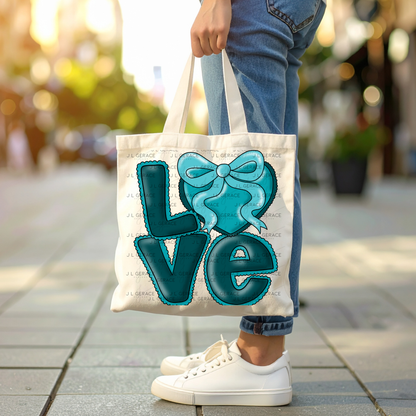 Dark Teal Love Bubble Letter PNG with Bow Accent Black outline Design