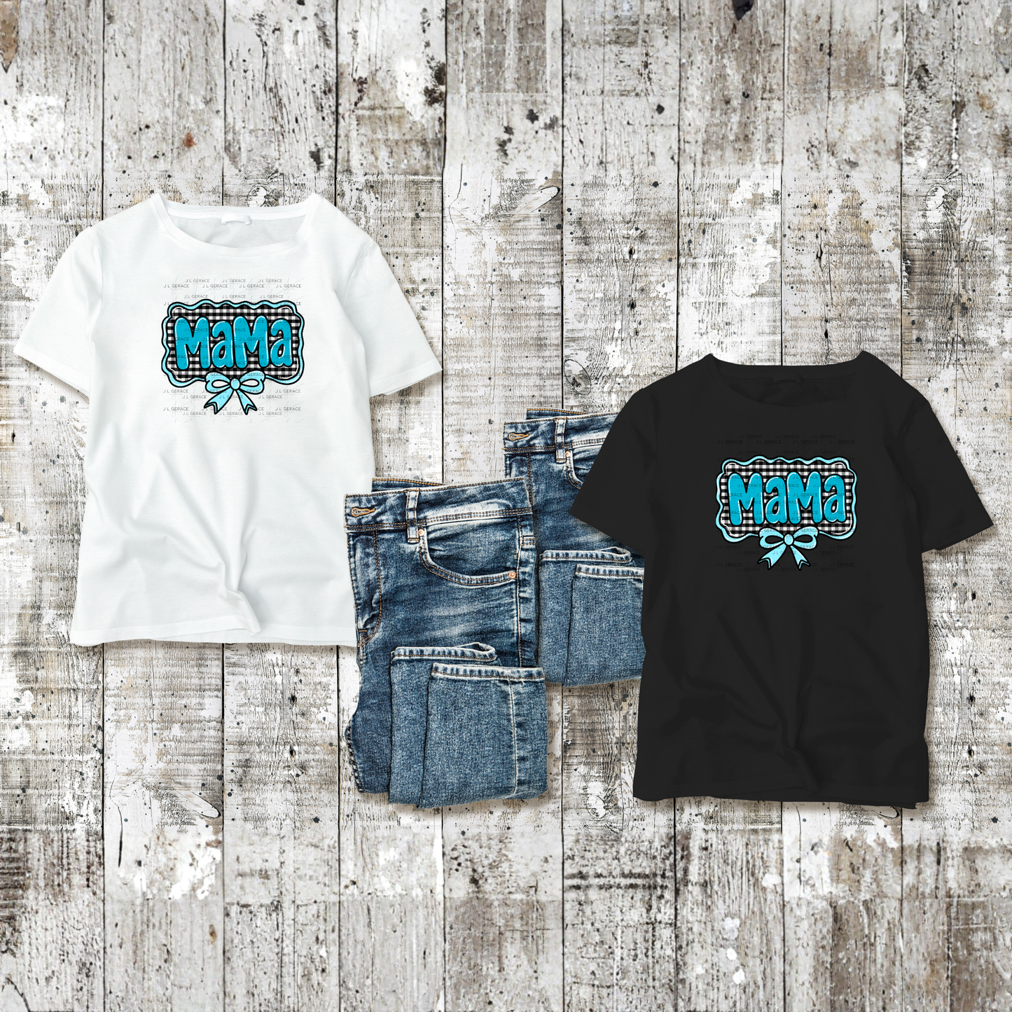 Mama PNG – Teal Glossy Lettering with Gingham Background & Bow