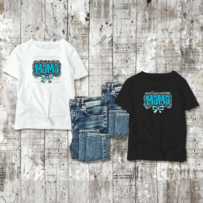 Mama PNG – Teal Glossy Lettering with Gingham Background & Bow
