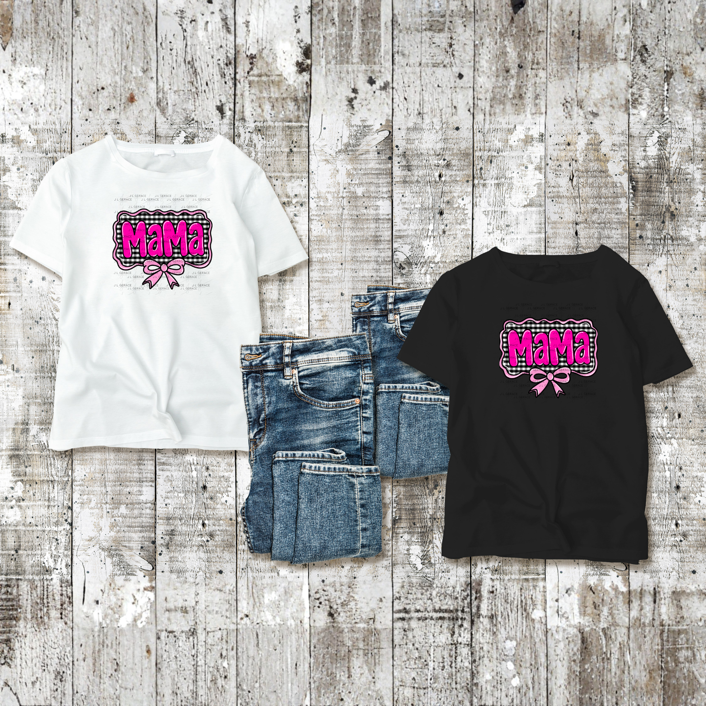Mama PNG – Hot Pink Glossy Lettering with Gingham Background & Bow
