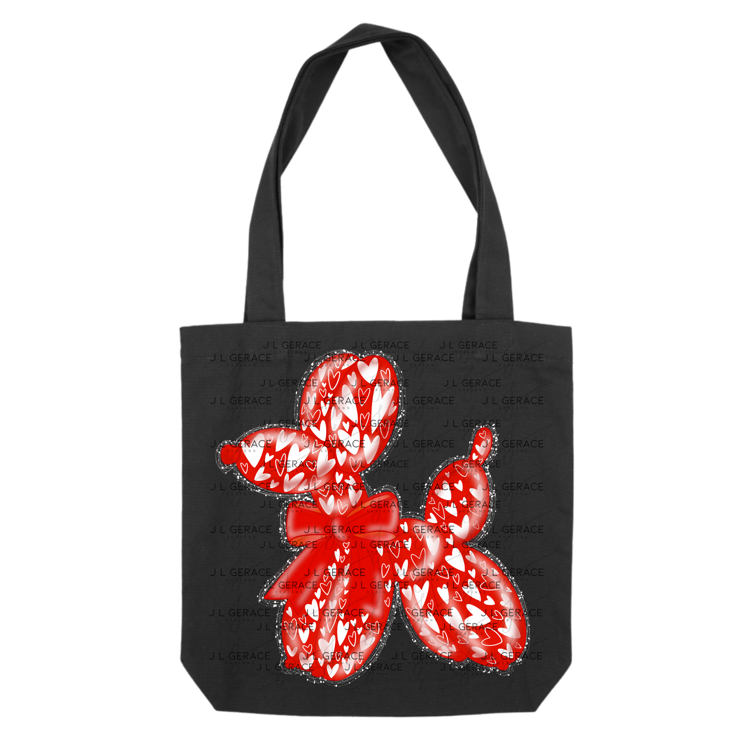 Red Love Balloon Dog PNG with Heart Pattern Bow and Glitter Outline