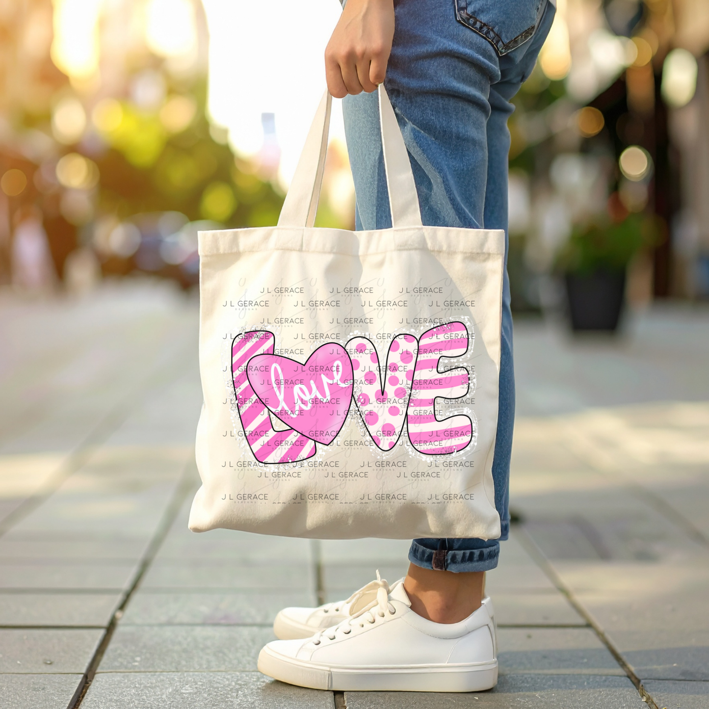 Pink Love Word PNG with Heart – Polka Dot and Stripe Mixed Pattern Design