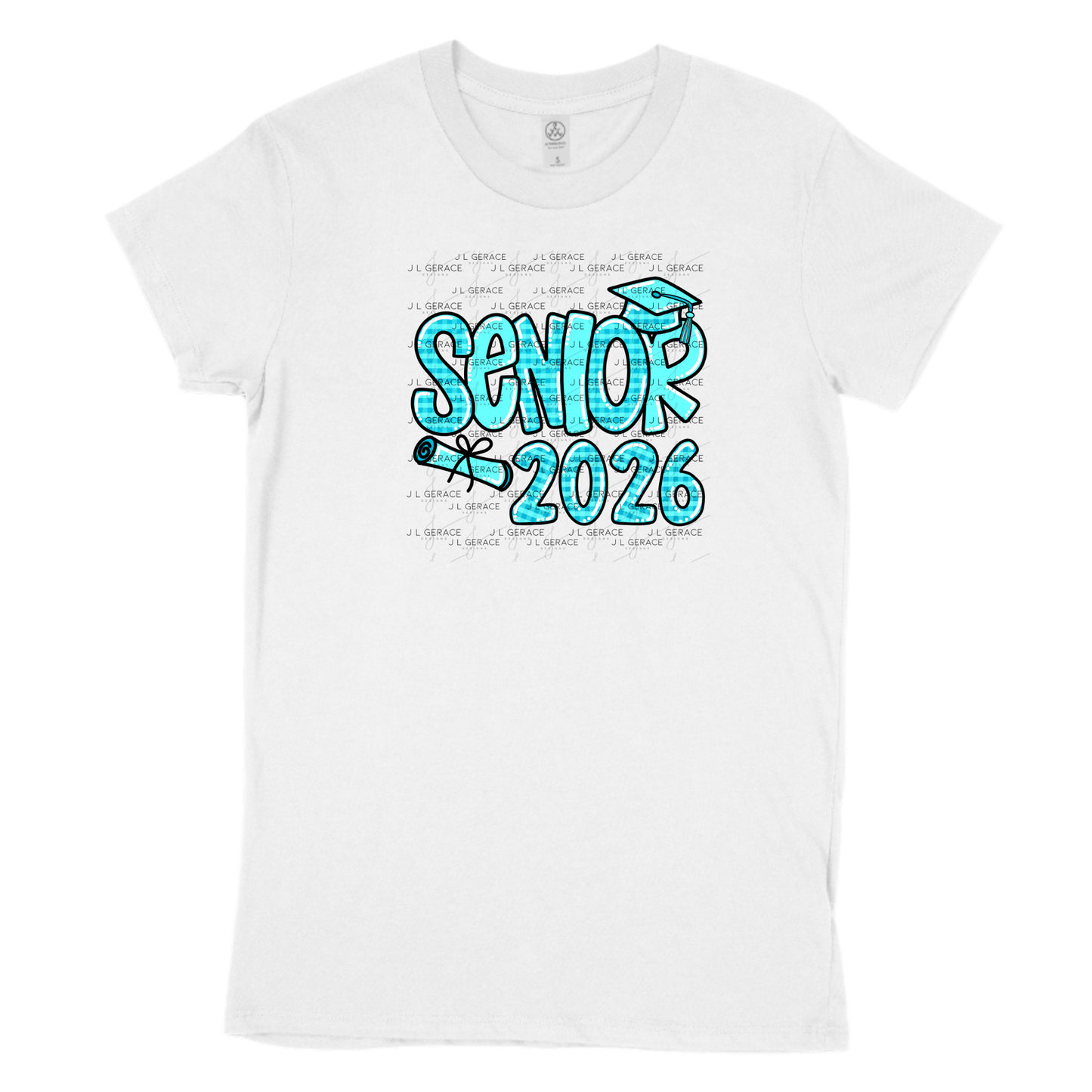 Senior 2026 PNG – Aqua Plaid Graduation Cap and Diploma Design
