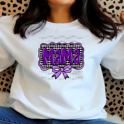 Mama PNG – Purple Glossy Lettering with Gingham Background & Bow