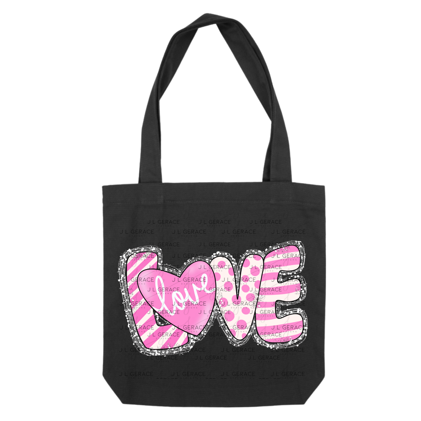 Pink Love Word PNG with Heart – Polka Dot and Stripe Mixed Pattern Design