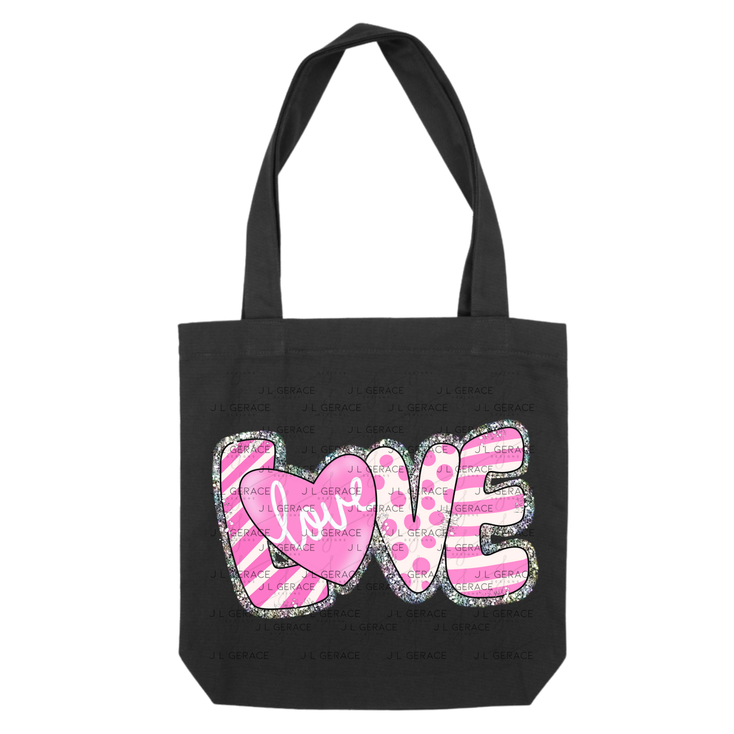 Glitter Outline Love Word PNG with Heart – Pink Mixed Pattern Design